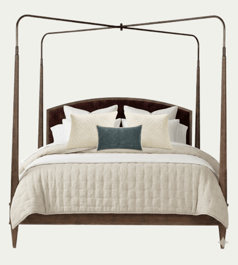 A four-poster bed with a dark wood frame and a upholstered headboard. The bed is dressed with a quilted comforter in a light neutral color and several decorative pillows. The four-poster structure is made of dark metal rods forming a canopy. — 3D model