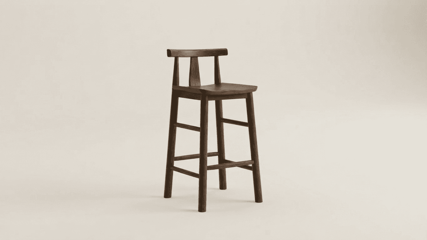 A tall, dark stained solid wood bar stool featuring a simple, low backrest and a contoured seat. The… — 3D model