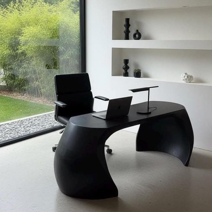 A minimalist, sculptural bench crafted from wood with a matte black finish. It features a continuous, U-shaped form, creating a seamless connection between the seat and its two curved leg supports. The design is clean, contemporary, and lacks any visible joinery or adornment, emphasizing its sleek lines and fluid silhouette. — 3D model