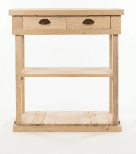 A light-toned solid wood console table featuring a rectangular top, two drawers with dark cup pulls, and two lower open shelves. The design is clean and transitional, highlighting the natural wood grain. — 3D model