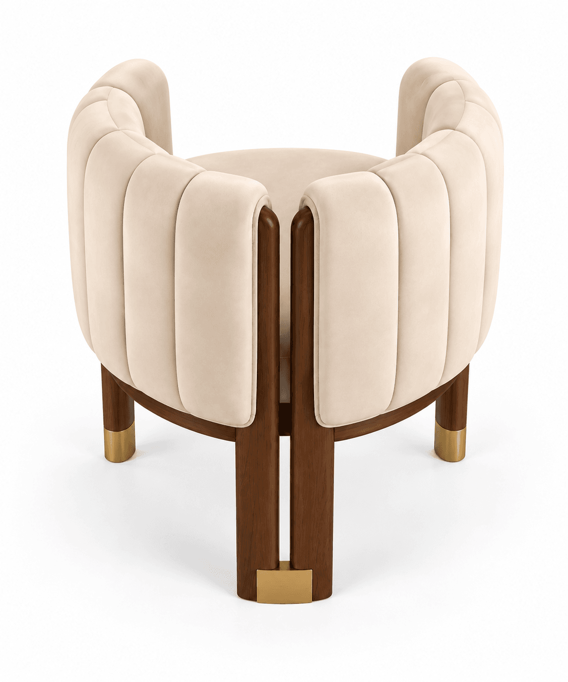 An elegant contemporary accent chair featuring a deeply channel-tufted, curved backrest and integrated armrests, upholstered in a cream or off-white fabric. The chair's base is constructed from dark-stained wood, forming a rounded, low-profile frame with four distinct legs. Each leg is accented with a polished brass cap at its base, with one leg also featuring a rectangular brass plate at the front. The overall design emphasizes a blend of comfort, modern aesthetics, and sophisticated materials. — 3D model
