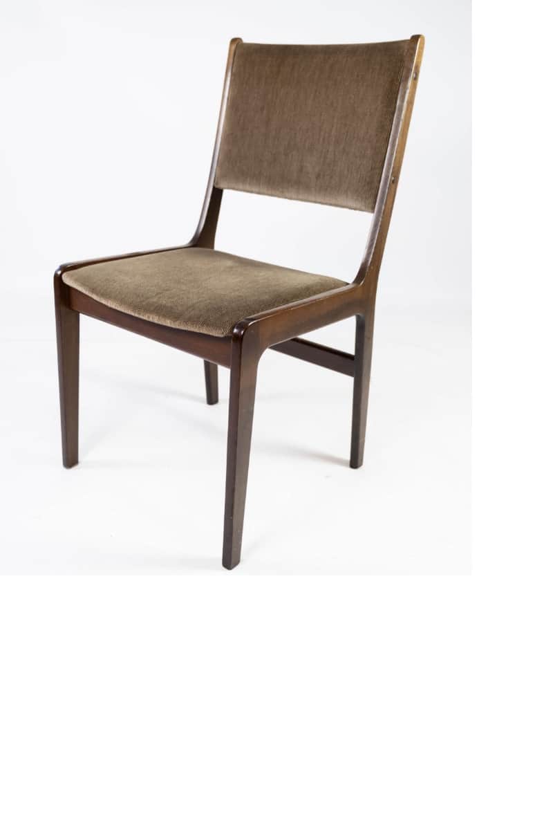 A mid-century modern dining chair featuring a dark stained wooden frame and upholstered seat and bac… — 3D model