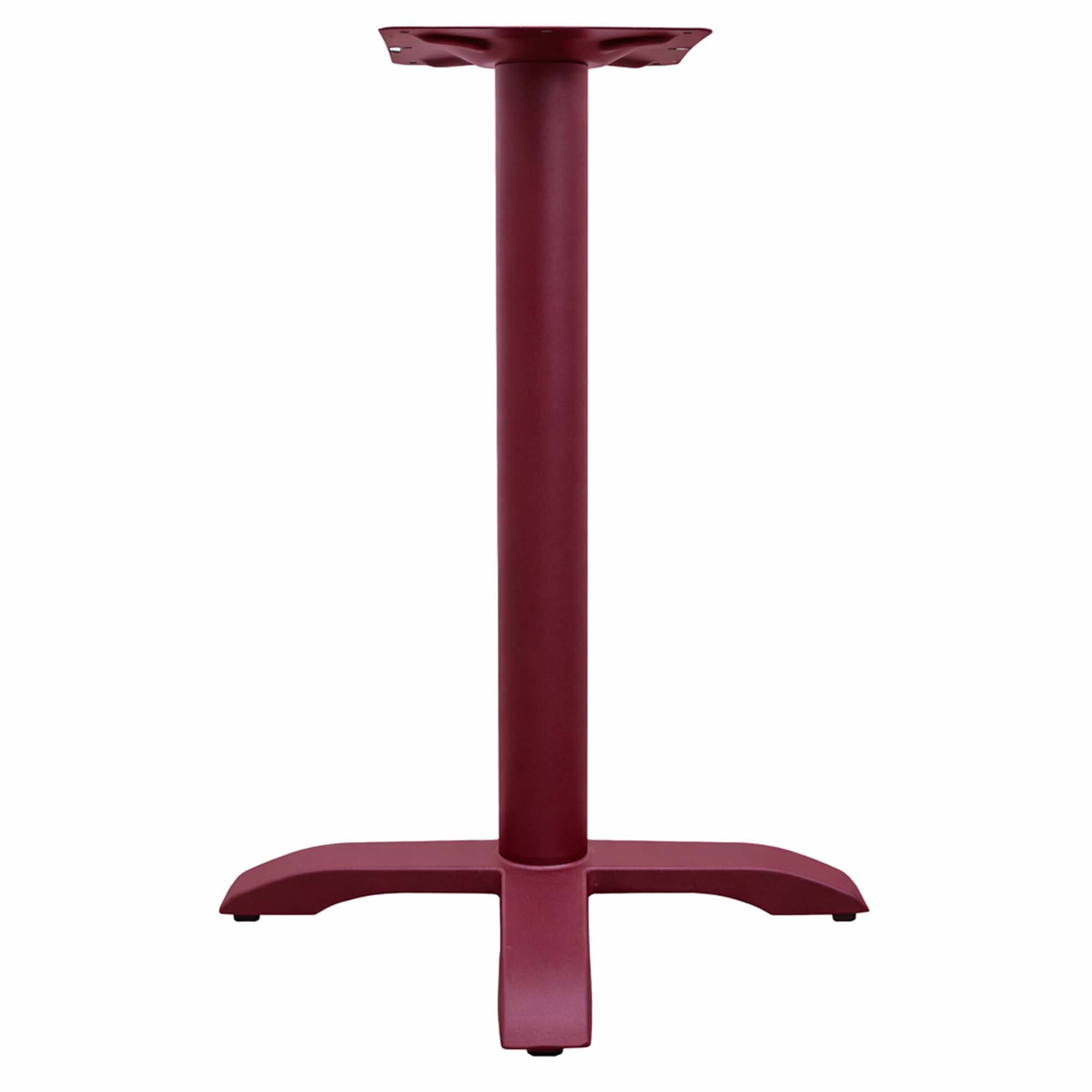 A single, central column table base constructed from metal, featuring a deep burgundy, possibly powder-coated, finish. The base is cruciform (cross-shaped) with four feet, each appearing to have an adjustable glide. The top features a flat, square plate with multiple pre-drilled holes for attaching a tabletop. The design is robust and functional. — 3D model