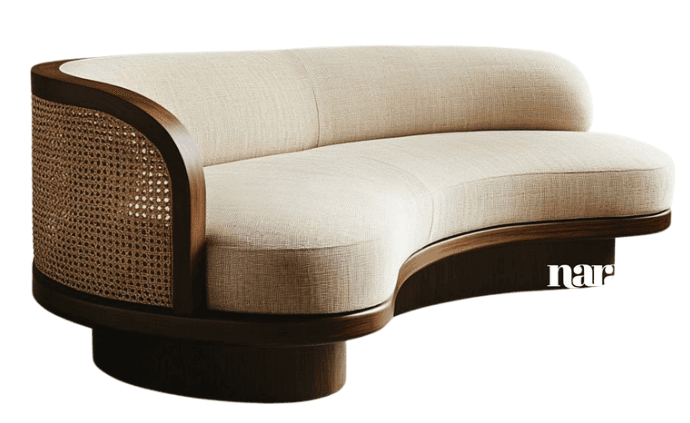 A contemporary curved sofa featuring a dark wood frame, a cane woven panel on one armrest, and light-colored fabric upholstery. — 3D model