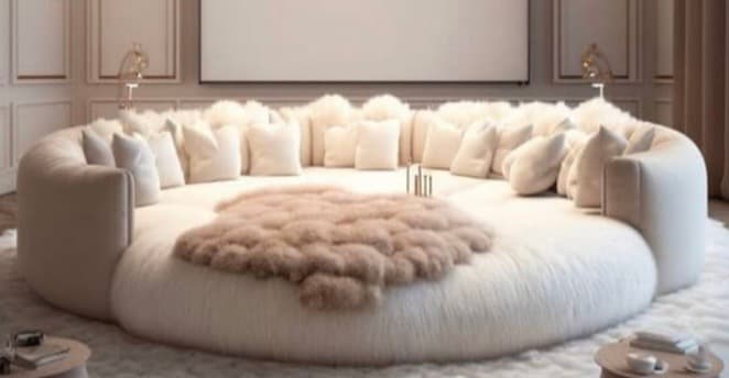 A large, circular, low-profile sofa upholstered in a dense, shaggy cream-colored fabric, featuring an integrated backrest lined with numerous square throw cushions and a central lower section that appears to be part of the seating surface. A smaller, contrasting light brown, shaggy throw is placed in the center. — 3D model