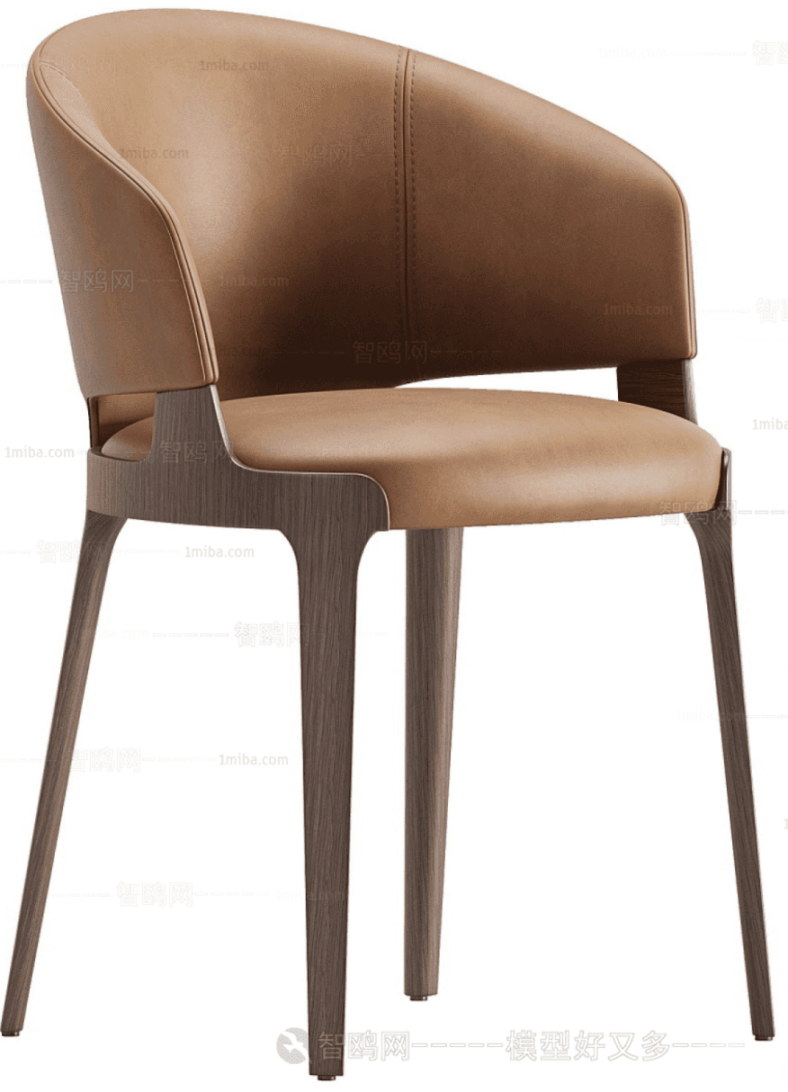 A modern armchair with a curved back and seat upholstered in light brown leather. The frame and legs… — 3D model