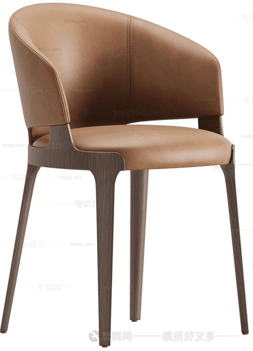 A modern armchair with a curved back and seat upholstered in light brown leather. The frame and legs are made of dark wood, with a subtle contrast between the materials. The armchair features integrated armrests that flow into the backrest. — 3D model