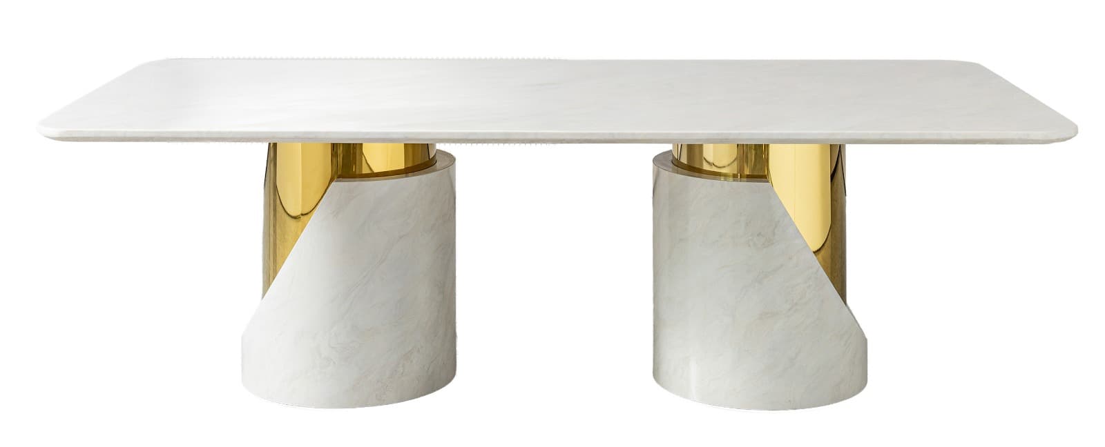 A contemporary rectangular dining table featuring a white marble tabletop and two distinctive pedestal bases. Each base is cylindrical, constructed from white marble with a prominent, curved cut-out revealing a polished brass inner cylinder. The design emphasizes a luxurious material contrast between the cool marble and warm metallic brass. — 3D model