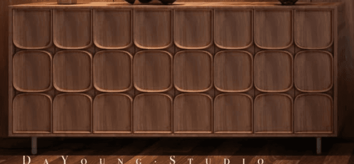 A long, low, rectangular credenza crafted from wood with a visible grain, likely walnut. The front features multiple sections of sculpted, curvilinear doors or panels, creating a repetitive pattern. The credenza rests on four slender, cylindrical metal legs. — 3D model