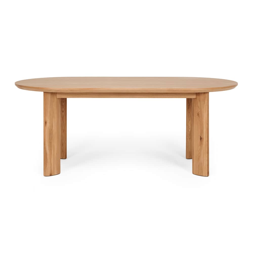 An oval dining table crafted from light-colored solid oak wood, featuring a smooth, rounded tabletop… — 3D model