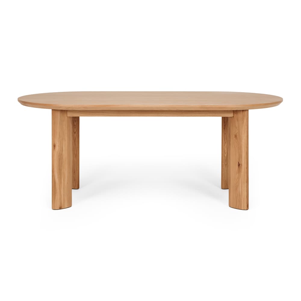 An oval dining table crafted from light-colored solid oak wood, featuring a smooth, rounded tabletop and four thick, rectangular-profile legs. — 3D model