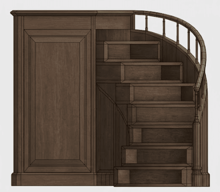 A dark brown wooden staircase unit, likely designed for a library or loft, featuring an integrated storage cabinet on one side. The staircase has several steps, and a gracefully curved handrail with vertical balusters on the open side. The cabinet side is detailed with classic recessed panels, and the entire unit appears to be a custom-built, fixed installation. — 3D model