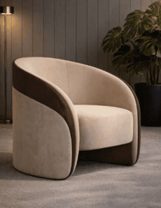 A modern upholstered armchair featuring a distinctive barrel-shaped silhouette. The chair is upholst… — 3D model