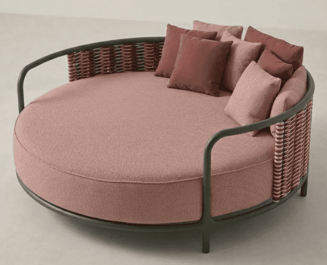 A contemporary outdoor circular daybed featuring a dark green metal frame, a woven backrest in varie… — 3D model