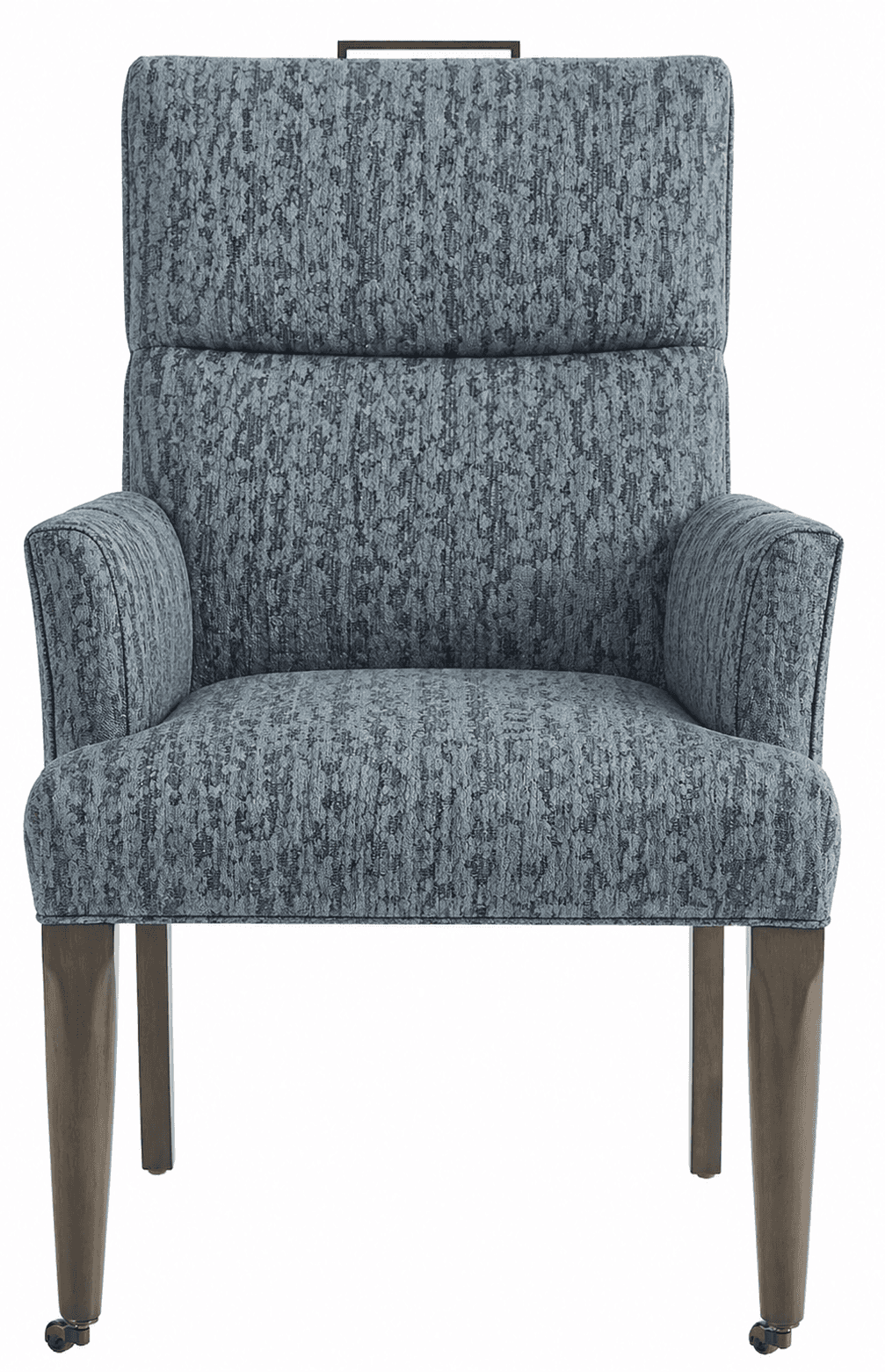 A high-back armchair upholstered in a textured blue and grey fabric. The chair features a padded sea… — free OBJ 3D model