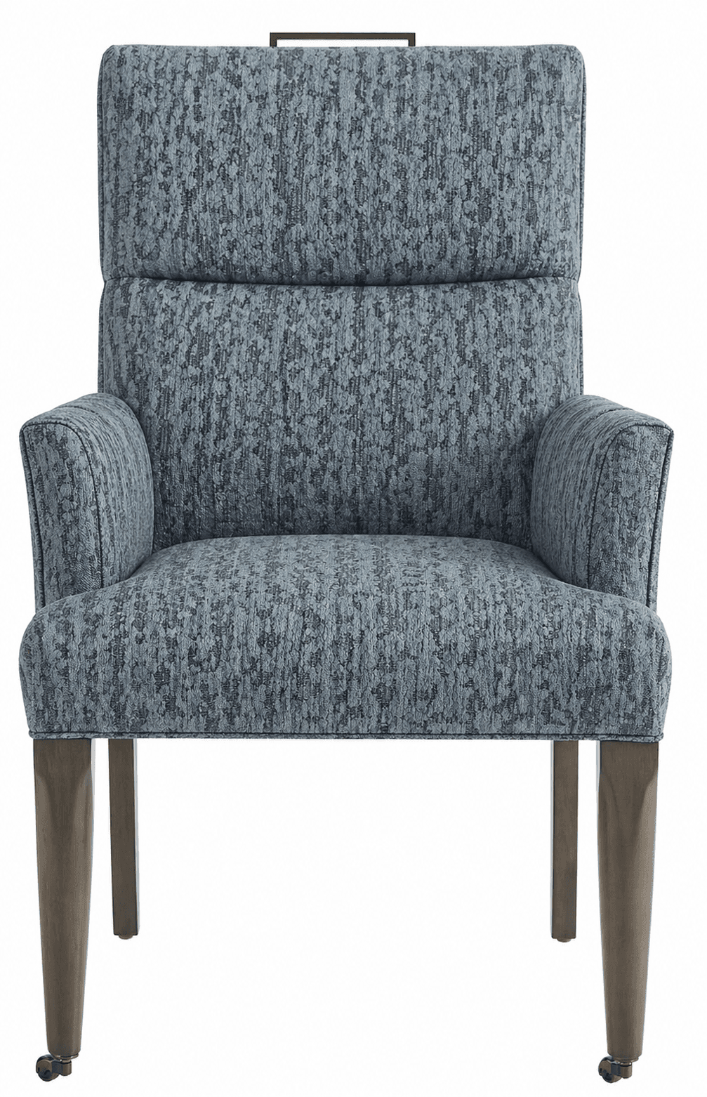 A high-back armchair upholstered in a textured blue and grey fabric. The chair features a padded seat, backrest, and arms. The backrest has a slight curve and a horizontal seam separating the upper and lower sections. A dark-colored metal handle is affixed to the top of the backrest. The chair is supported by four tapered wooden legs, with the front legs equipped with casters. — 3D model