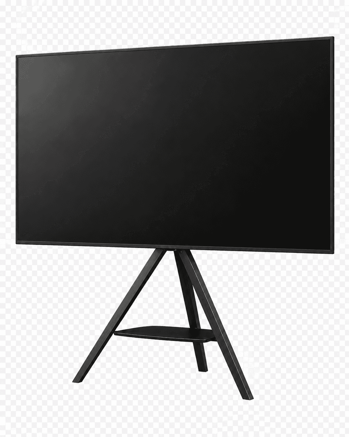 A sleek, modern flat-screen television mounted on a black tripod-style stand. The stand features thr… — 3D model