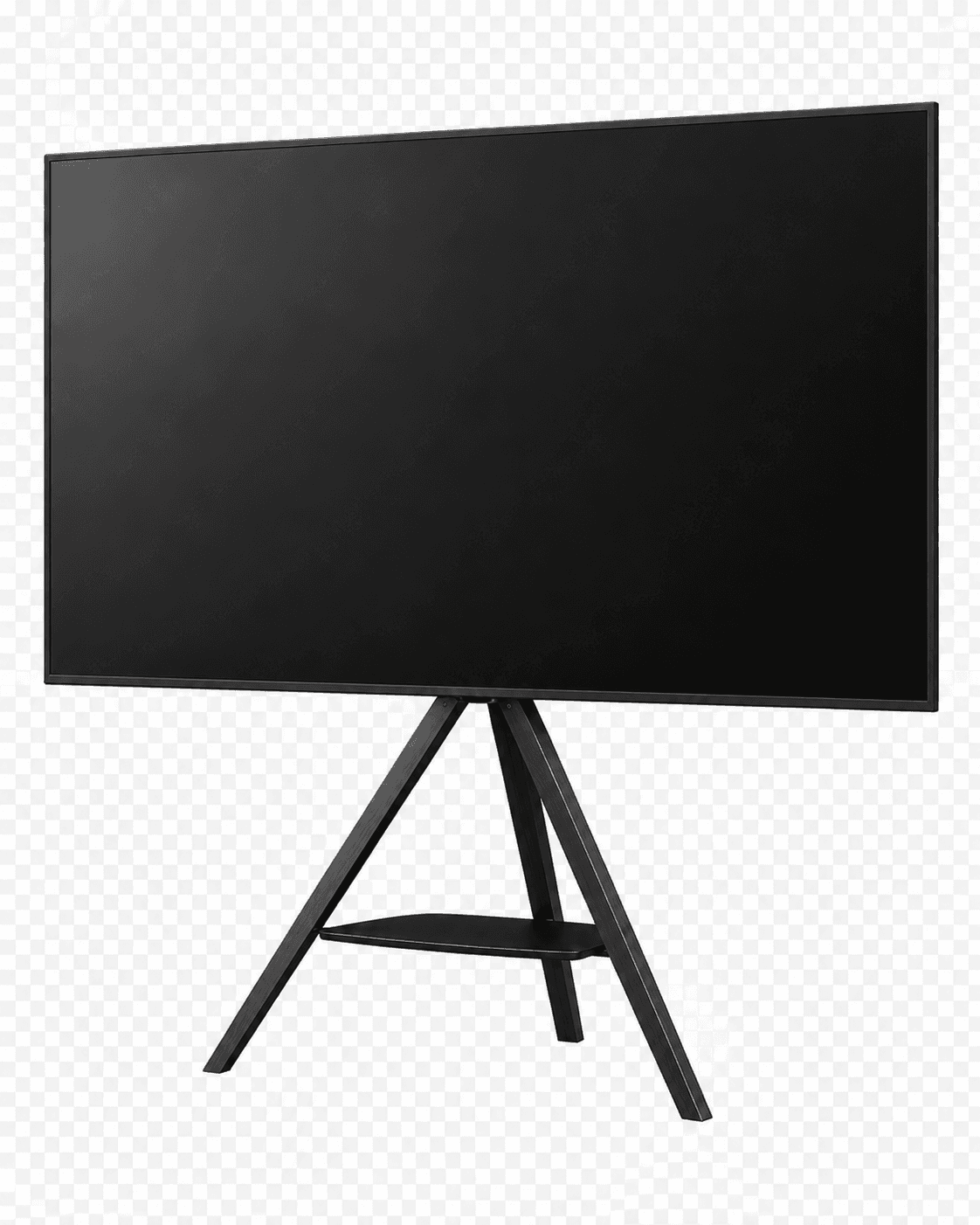 A sleek, modern flat-screen television mounted on a black tripod-style stand. The stand features three tapered legs and a small, rectangular lower shelf, presenting a minimalist and contemporary aesthetic. — 3D model