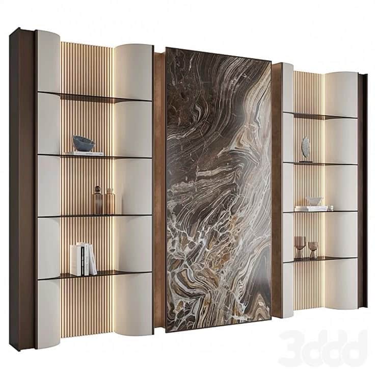 A contemporary, modular wall unit featuring open shelving, a central decorative marble-effect panel,… — 3D model