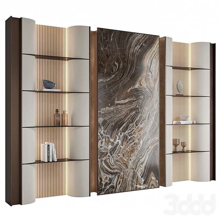A contemporary, modular wall unit featuring open shelving, a central decorative marble-effect panel, and integrated lighting. The unit is composed of several sections, including shelving modules with clear glass shelves and curved off-white panel details, and a prominent rectangular accent panel. Dark brown framing contrasts with lighter wooden slatted back panels and the intricate patterns of the marble-effect. — 3D model