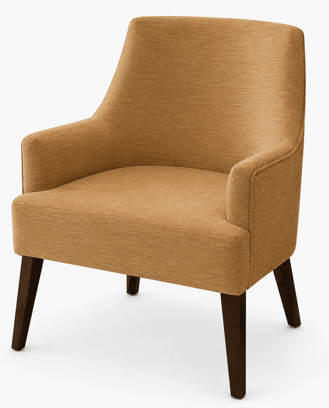 A single upholstered accent armchair featuring a clean, contemporary design. The chair is covered in a textured, tan-colored woven fabric. It has a gently curved backrest that flows seamlessly into integrated, padded armrests. The chair is supported by four dark brown, tapered wooden legs that splay slightly outwards, giving it a stable and elegant stance. The overall aesthetic is modern and inviting, with a focus on understated comfort. — 3D model
