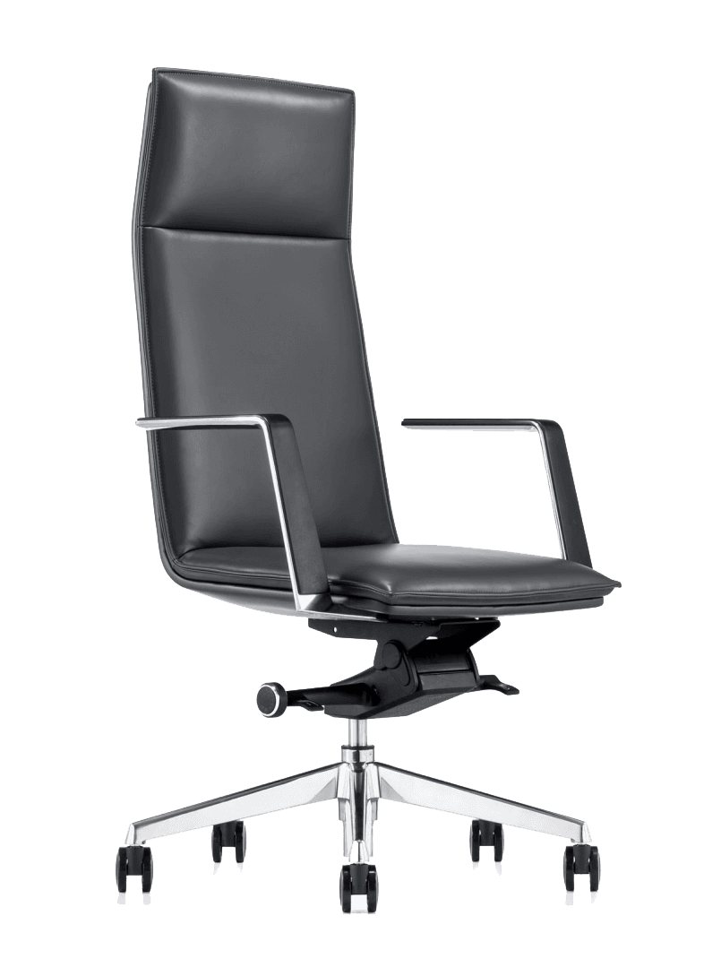 A high-back executive office chair featuring black leather upholstery and polished chrome accents. The chair has a tall, slightly tapered backrest with stitched details and integrated armrests. It sits on a five-star chrome base with black casters, indicating mobility. The chair's base also includes controls for adjusting height and recline, common for ergonomic office seating. The overall aesthetic is sleek and modern. — 3D model