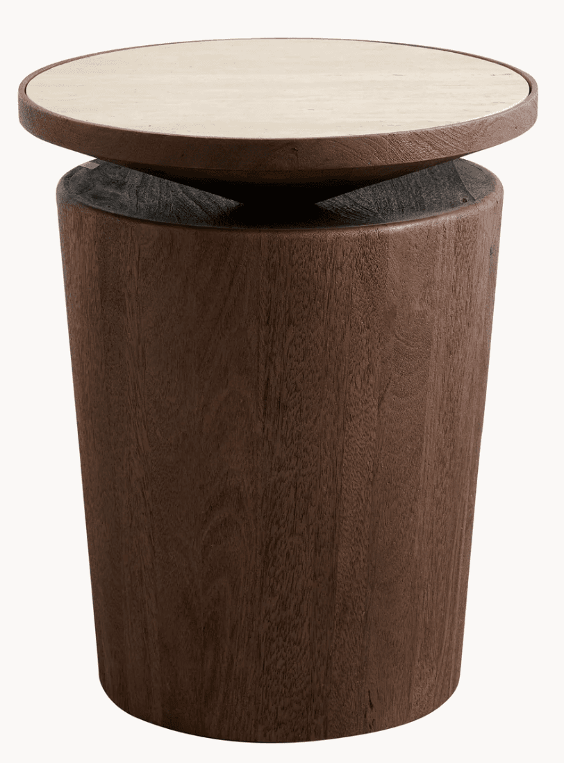 A contemporary side table featuring a cylindrical dark wood base with a lighter, circular wooden top that appears slightly offset from the center of the base. The base shows prominent vertical wood grain. — 3D model