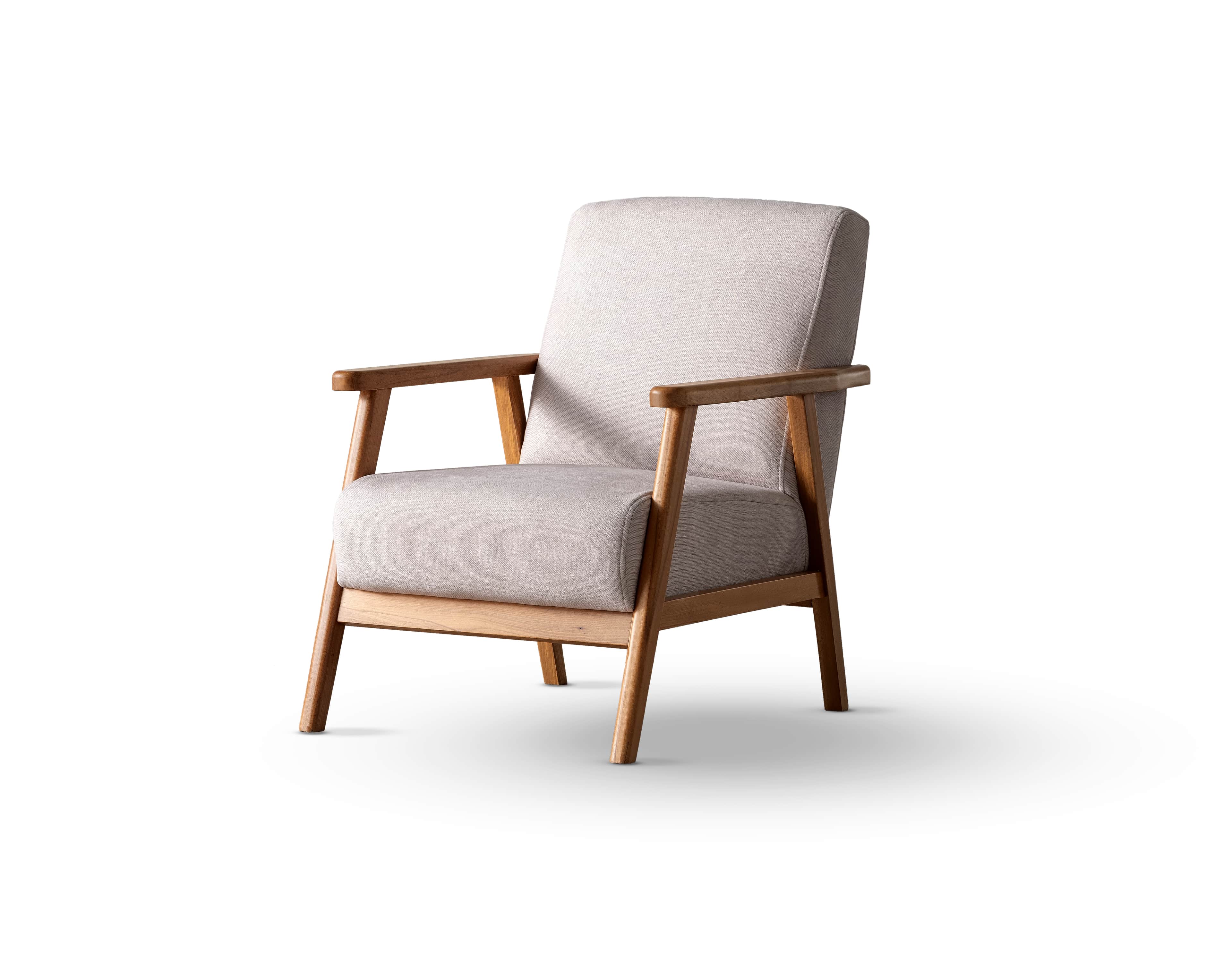 A contemporary armchair with a light-colored upholstered seat and back, supported by a natural wood… — 3D model