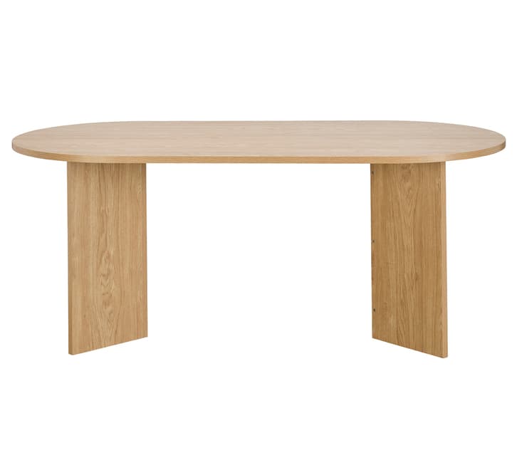 A modern dining table with an oval-shaped top and two solid, rectangular leg supports. The table is constructed from wood and exhibits a natural wood grain pattern. The legs are integrated directly into the tabletop structure, creating a minimalist design. — 3D model