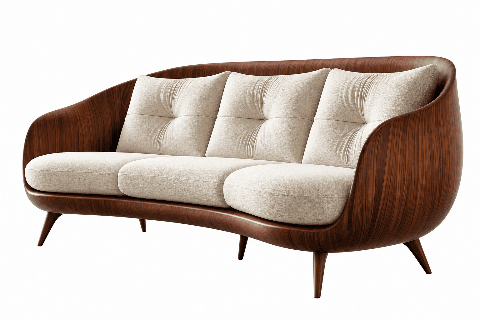 A three-seater sofa characterized by its distinctive curved wooden shell that encloses the back and… — free OBJ 3D model
