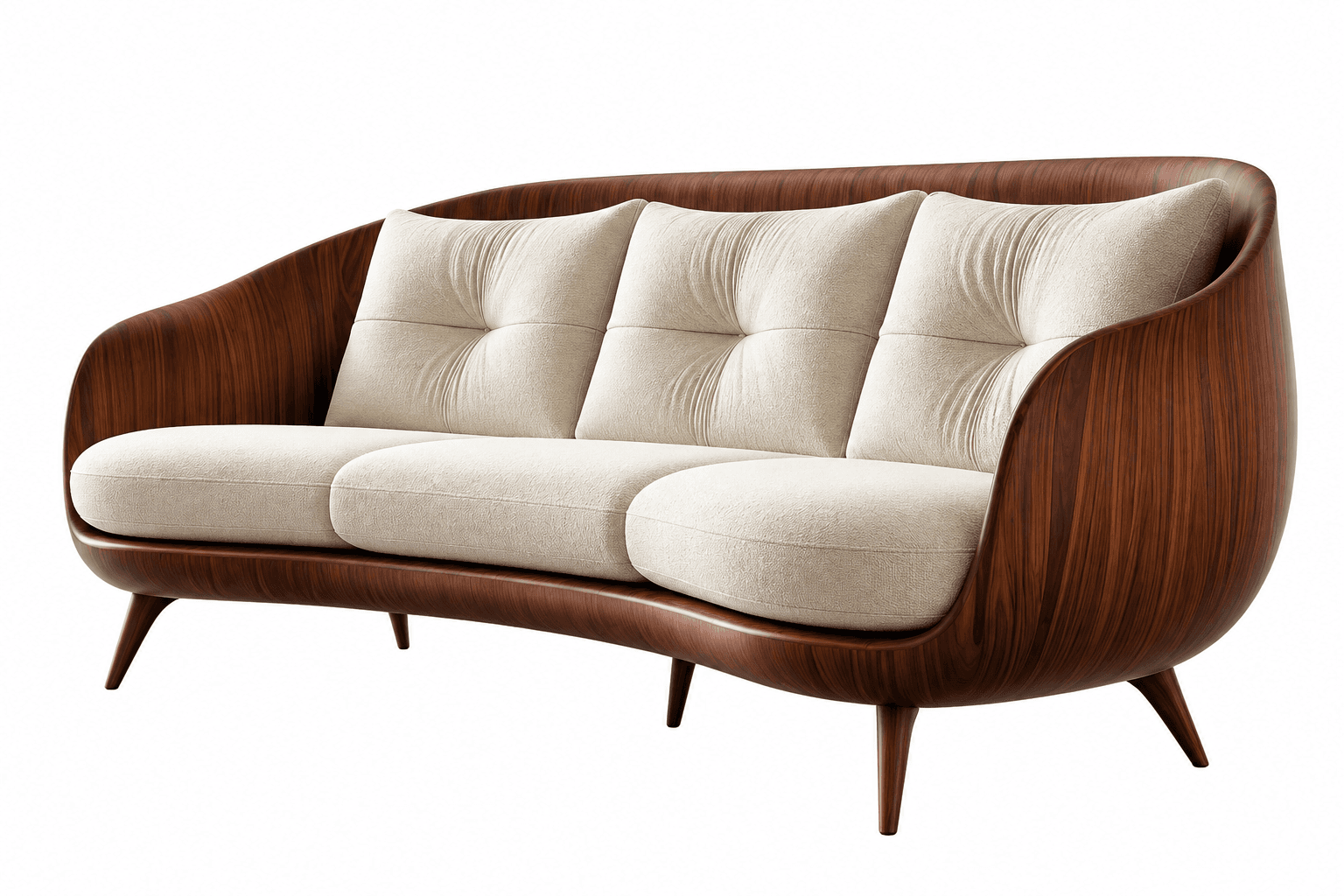 A three-seater sofa characterized by its distinctive curved wooden shell that encloses the back and sides, crafted from a dark, richly grained wood. It features three individual seat cushions and three corresponding back cushions, all upholstered in a light, textured fabric. The back cushions exhibit subtle single-button tufting. The sofa is supported by four slender, tapered wooden legs that splay slightly outwards. — 3D model