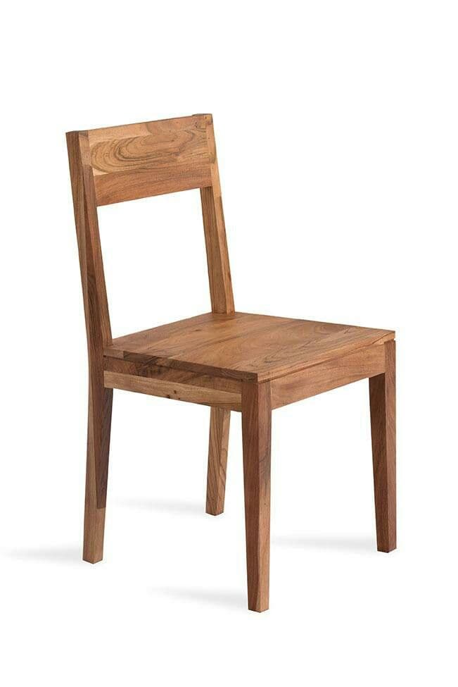 A single solid wood dining chair featuring a minimalist design with a flat seat and a rectangular panel backrest, supported by four straight legs. The chair exhibits a natural wood grain and a medium brown finish. — 3D model
