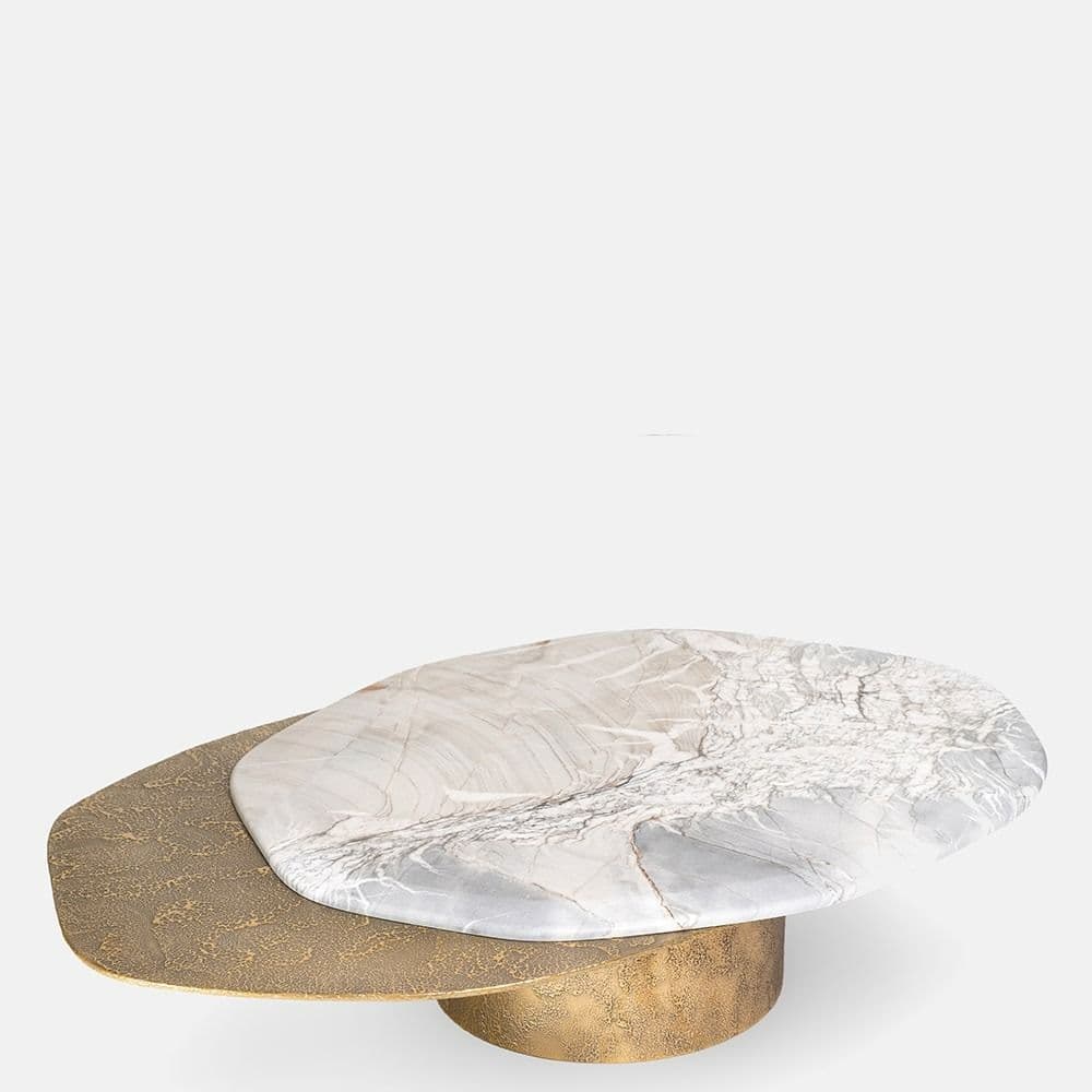 A modern coffee table featuring two overlapping, organically shaped tabletops. The upper tabletop is made of white and gray veined marble, while the lower, larger tabletop and the central cylindrical pedestal base are crafted from textured brass or bronze. The design emphasizes natural forms and rich material contrast. — 3D model