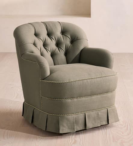 A tufted armchair with upholstered arms and a skirted base. The armchair features a rounded back, button tufting on the backrest, and decorative cording along the seat and base. The base has a pleated skirt. — 3D model