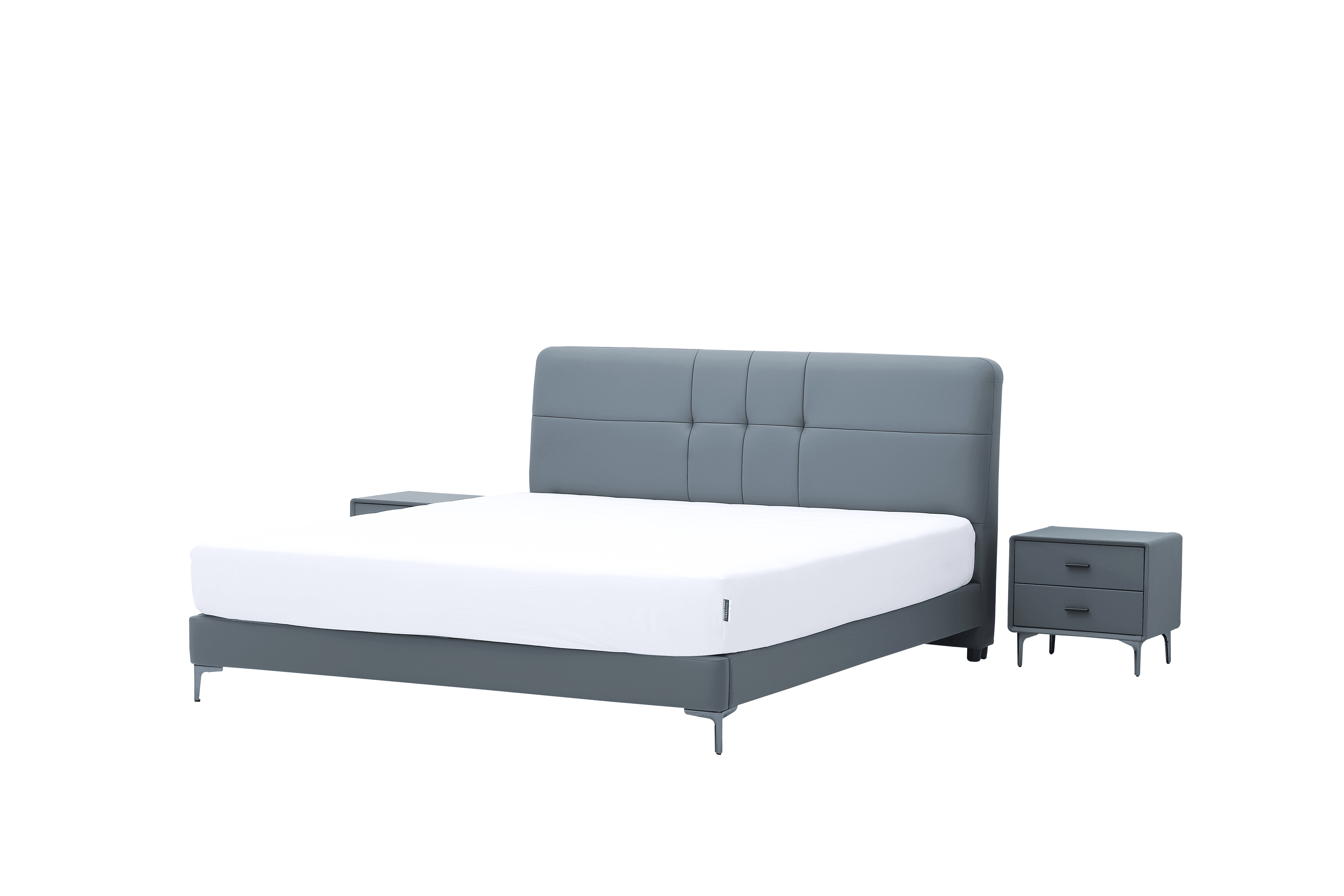 A modern upholstered platform bed featuring a rectangular headboard with grid-patterned panel tufting. The bed frame is also upholstered, and both the bed and the two matching nightstands are supported by slim, tapered metal legs. The nightstands each have two drawers with minimalist pulls. A white mattress is visible on the bed frame. — 3D model