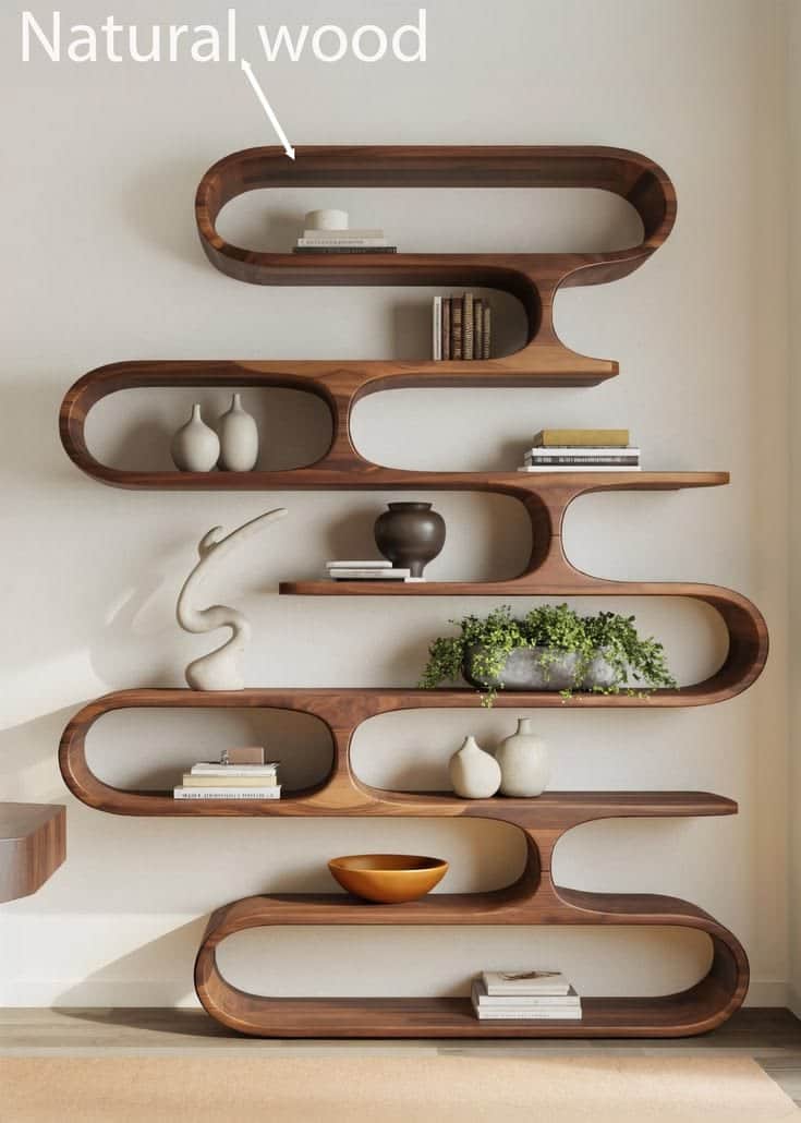 A multi-tiered wall-mounted shelving unit featuring a distinctive fluid, wavy silhouette. Constructe… — free BLEND 3D model