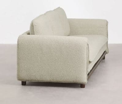 A light-colored, textured upholstered loveseat with wide, squared block arms, loose back and seat cushions, and a minimalist exposed dark wood base with short legs. — 3D model