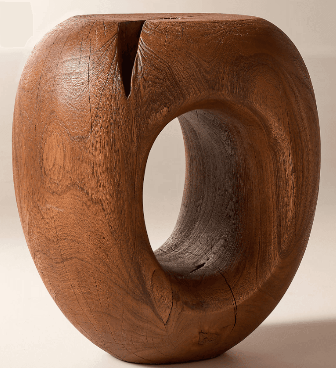 A solid wood stool with a toroidal or donut-like shape. It features a large central void and a carve… — 3D model