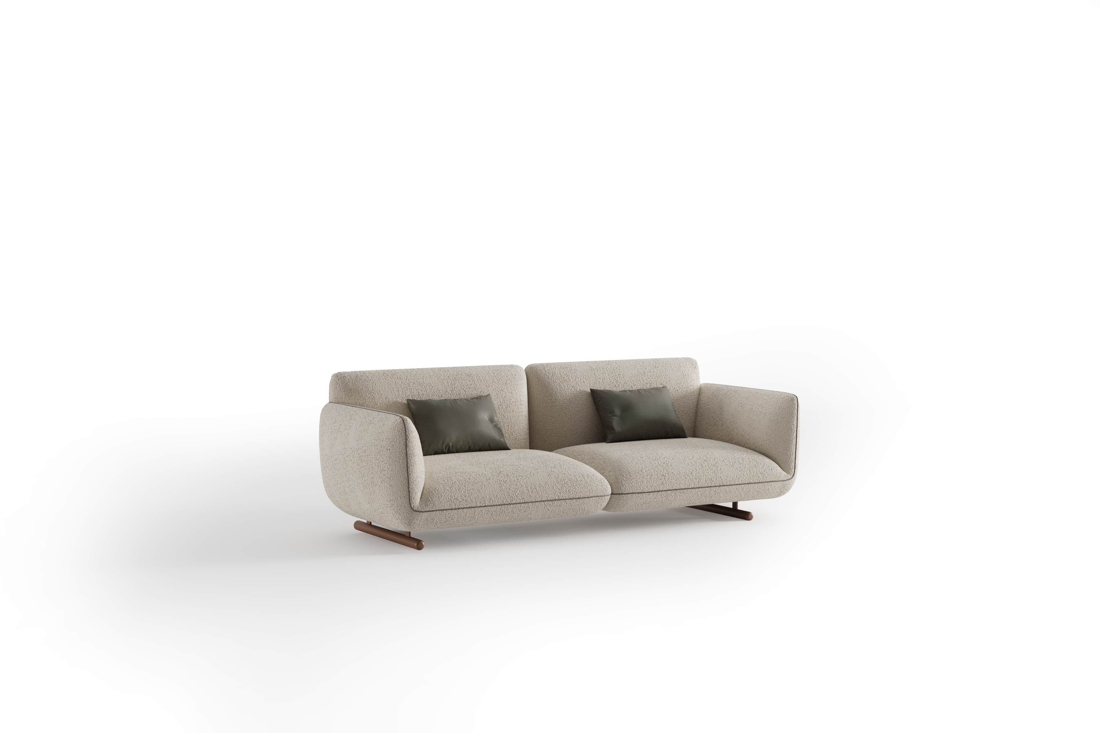 A modern, low-profile sofa with a textured upholstery, featuring rounded armrests and a subtle wood… — free GLTF 3D model