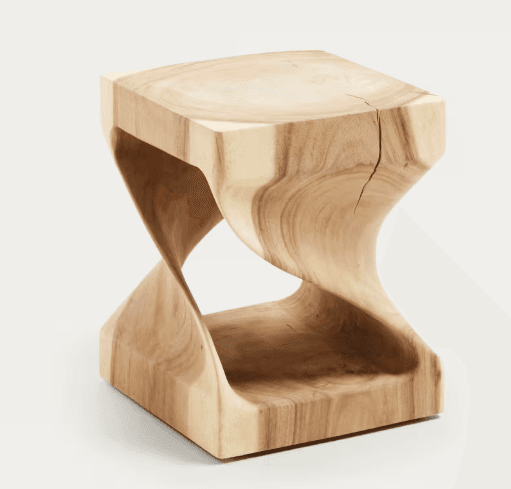 A light-toned oak stool or accent table featuring a unique, twisted hourglass form. It consists of a square top and base connected by a central section that rotates 90 degrees, creating a dynamic, sculptural silhouette. The natural wood grain is clearly visible, contributing to its organic and modern aesthetic. — 3D model