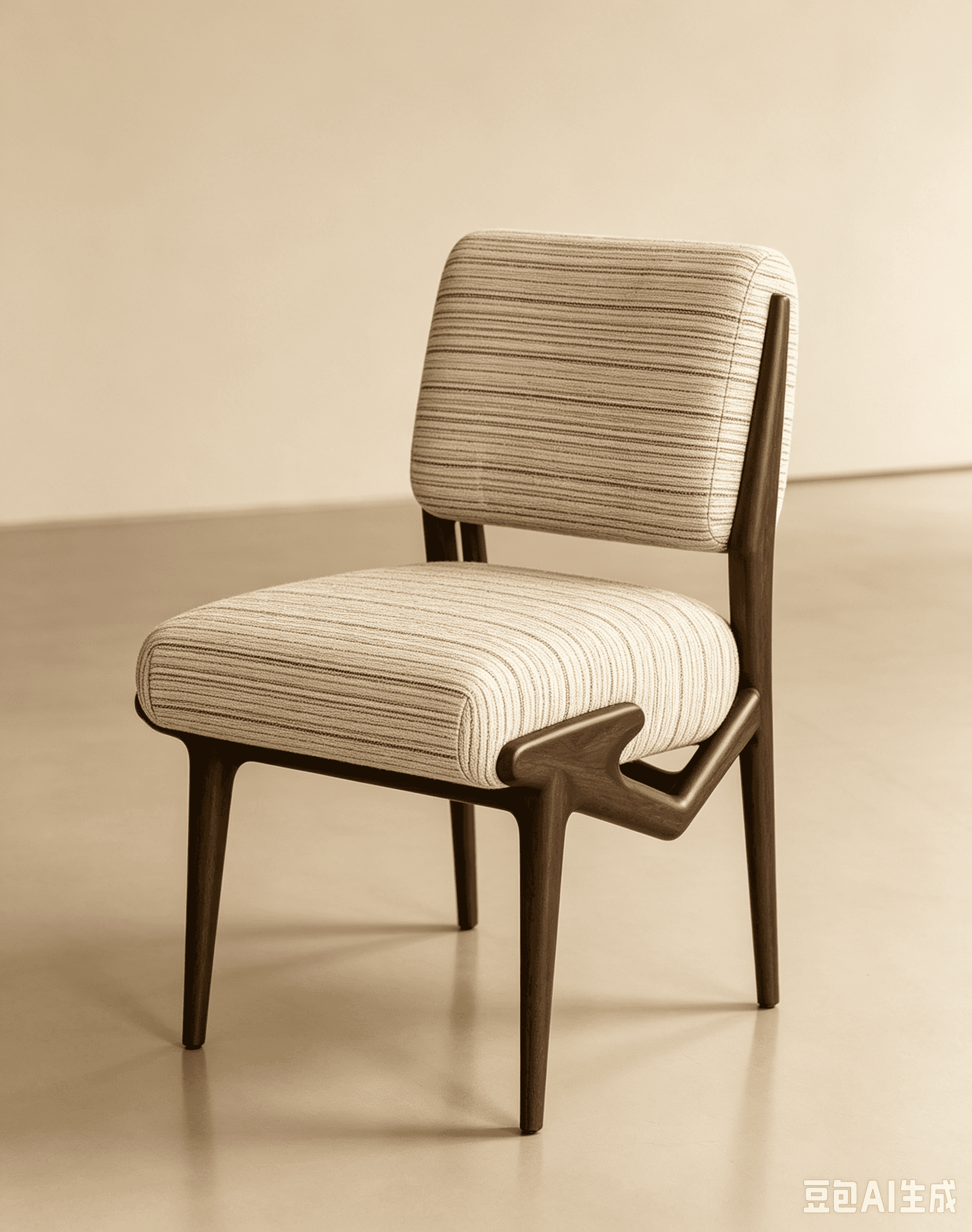 An armless dining chair featuring a dark wooden frame and striped upholstered seat and backrest. — 3D model