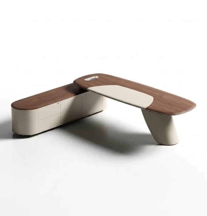 A modern executive desk featuring an elongated, asymmetrical wooden top with an integrated light-col… — 3D model