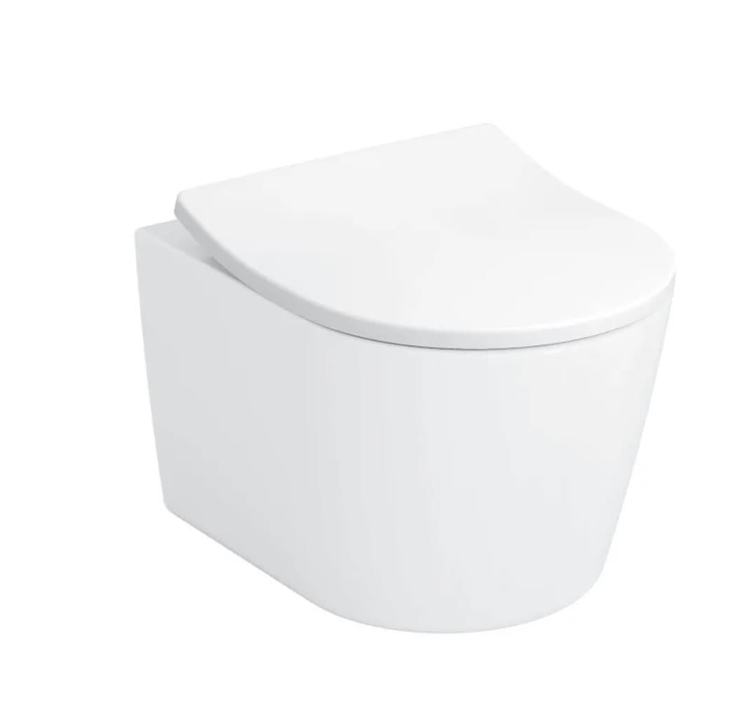 A modern, wall-mounted toilet with a sleek, minimalist design. The toilet features a closed-front bowl and a concealed cistern, contributing to a clean aesthetic. The lid is slightly ajar, revealing a portion of the toilet seat underneath. The unit is finished in a matte white. — 3D model