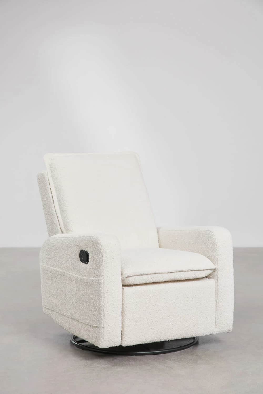 An off-white bouclé upholstered swivel recliner chair with a black reclining lever and side pocket,… — 3D model