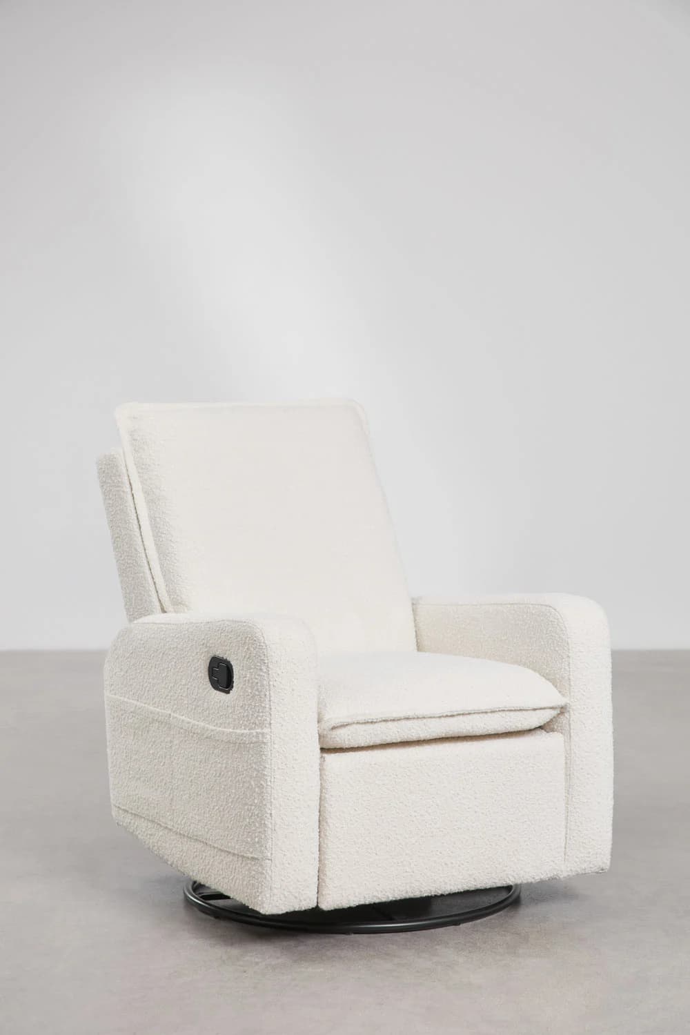 An off-white bouclé upholstered swivel recliner chair with a black reclining lever and side pocket, resting on a black circular base. — 3D model
