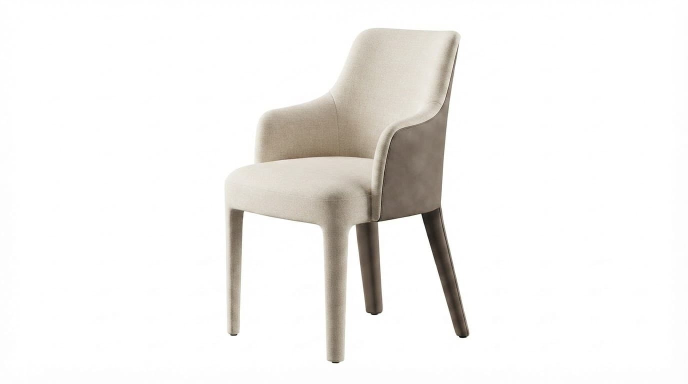 A contemporary upholstered armchair featuring a light beige fabric on the seat, backrest, and integrated armrests. The exterior back panel is finished in a contrasting dark brown or taupe leather-like material. The chair stands on four solid, tapered legs, with the front two upholstered in the same beige fabric and the rear two matching the dark material of the back panel. The design emphasizes clean lines and a modern aesthetic, suitable for dining or accent use. — 3D model