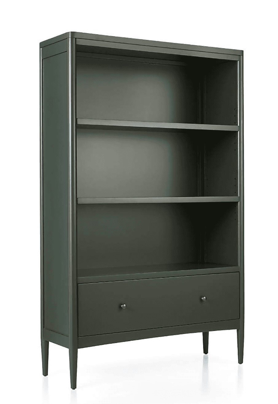 A tall, modern bookcase finished in a dark green color, featuring three open adjustable shelves and… — 3D model