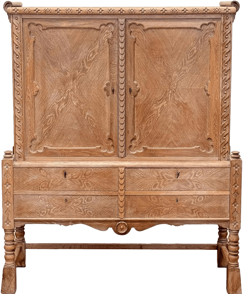 An antique wooden cabinet featuring a tall, two-door upper section with intricate carvings and paneled fronts. Below this are two rows of drawers, each with a keyhole and decorative carved detailing. The cabinet stands on four turned legs connected by a lower stretcher. The overall construction suggests a piece of historical furniture with significant craftsmanship. — 3D model