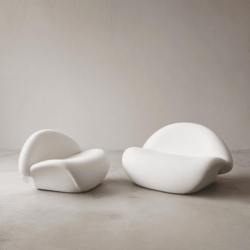 Two sculptural armchairs with rounded, organic forms are presented. The armchair on the right is lar… — free OBJ 3D model