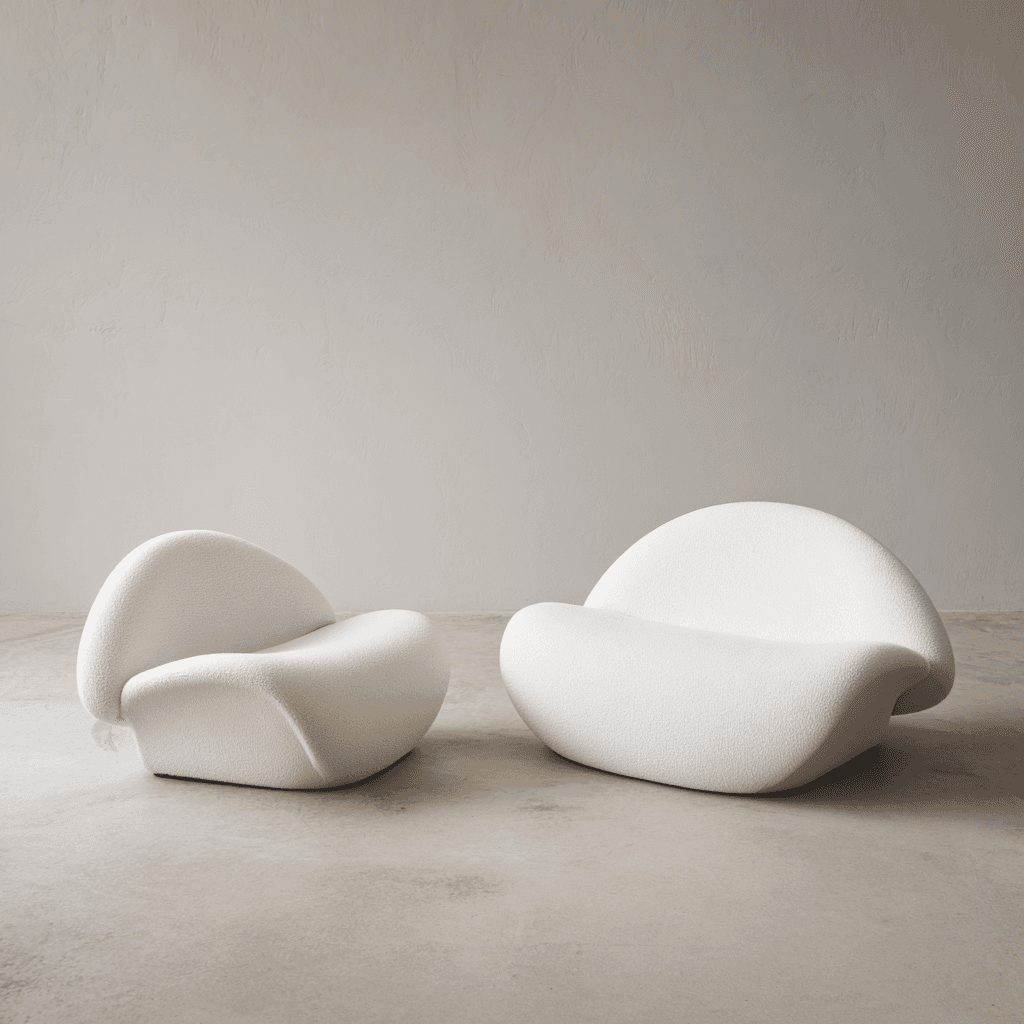 Two sculptural armchairs with rounded, organic forms are presented. The armchair on the right is larger and more voluminous, while the one on the left is smaller and more compact. Both feature a high-density, textured upholstery that resembles boucle or a similar textured fabric. The base of each chair is integrated into its overall rounded form, with no visible legs or distinct frame. — 3D model